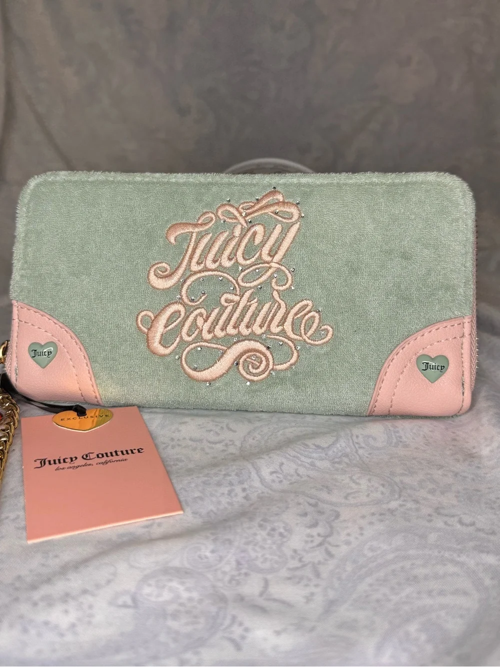 Juicy Couture Soft Terrycloth Mint with Pink Embroidered Logo Wristlet Wallet